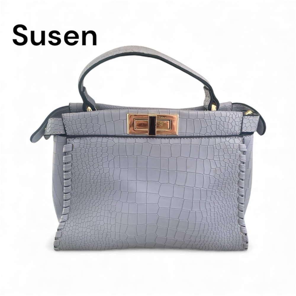 Susen Croc Embossed Top Handle Bag Gray Gold Hardware Satchel Purse Vegan L